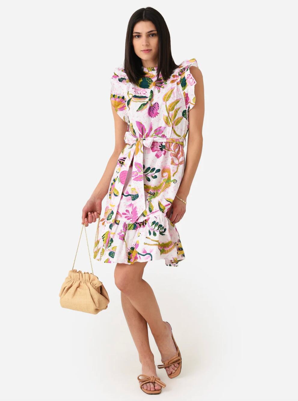 Banjanan Bulbul Multicolored White Cotton Animal Print Ruffle Trim Mini Dress XL